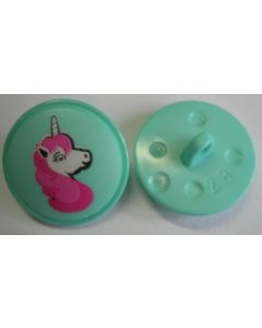 Bouton licorne 18 mm polyester fond coloris turquoise clair 30