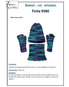 fiche tricot 9580 - bonnet, col et mitaines en vogue T adulte